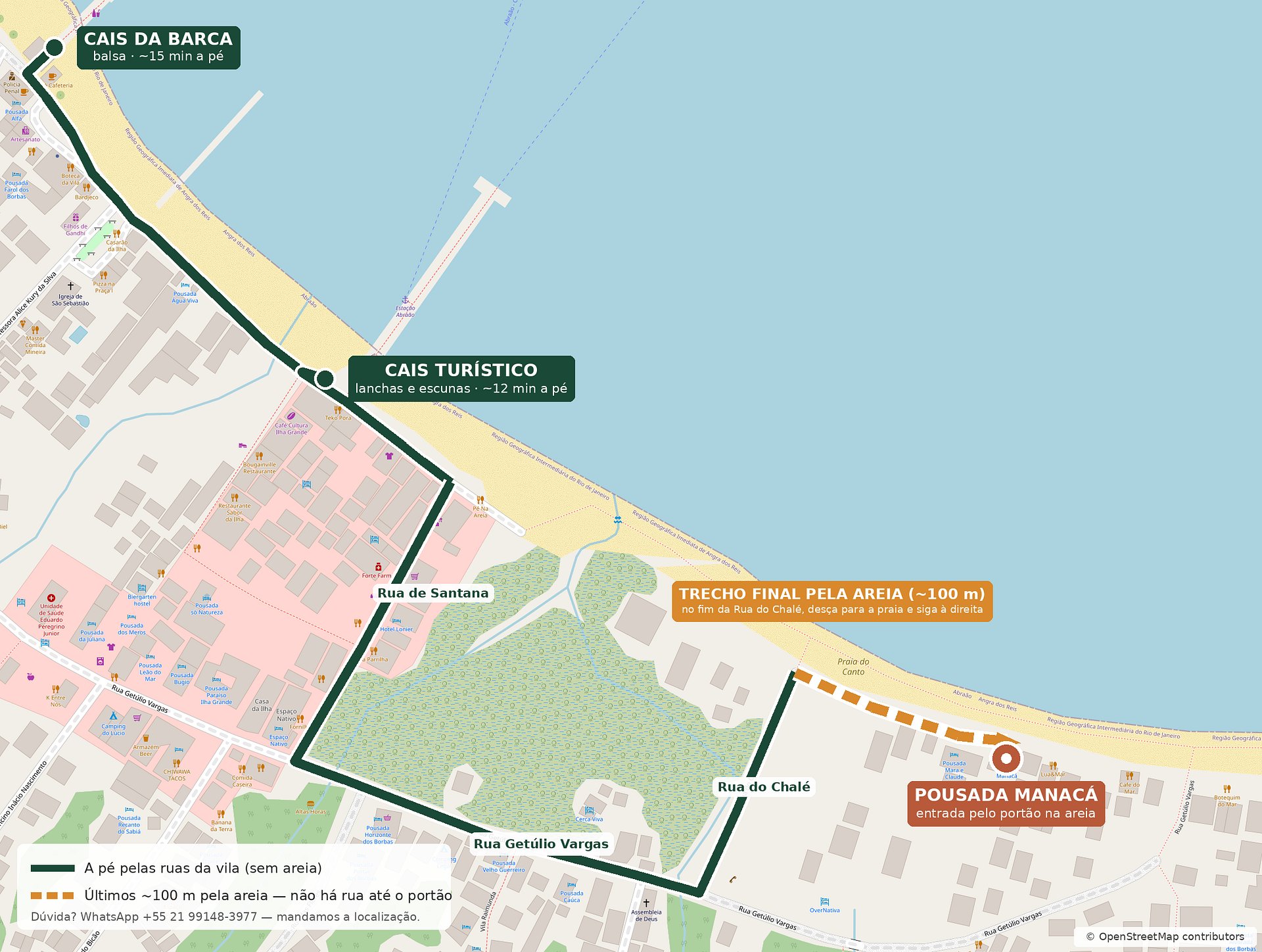 Mapa de chegada à Pousada Manacá a pé, a partir dos cais da Vila do Abraão